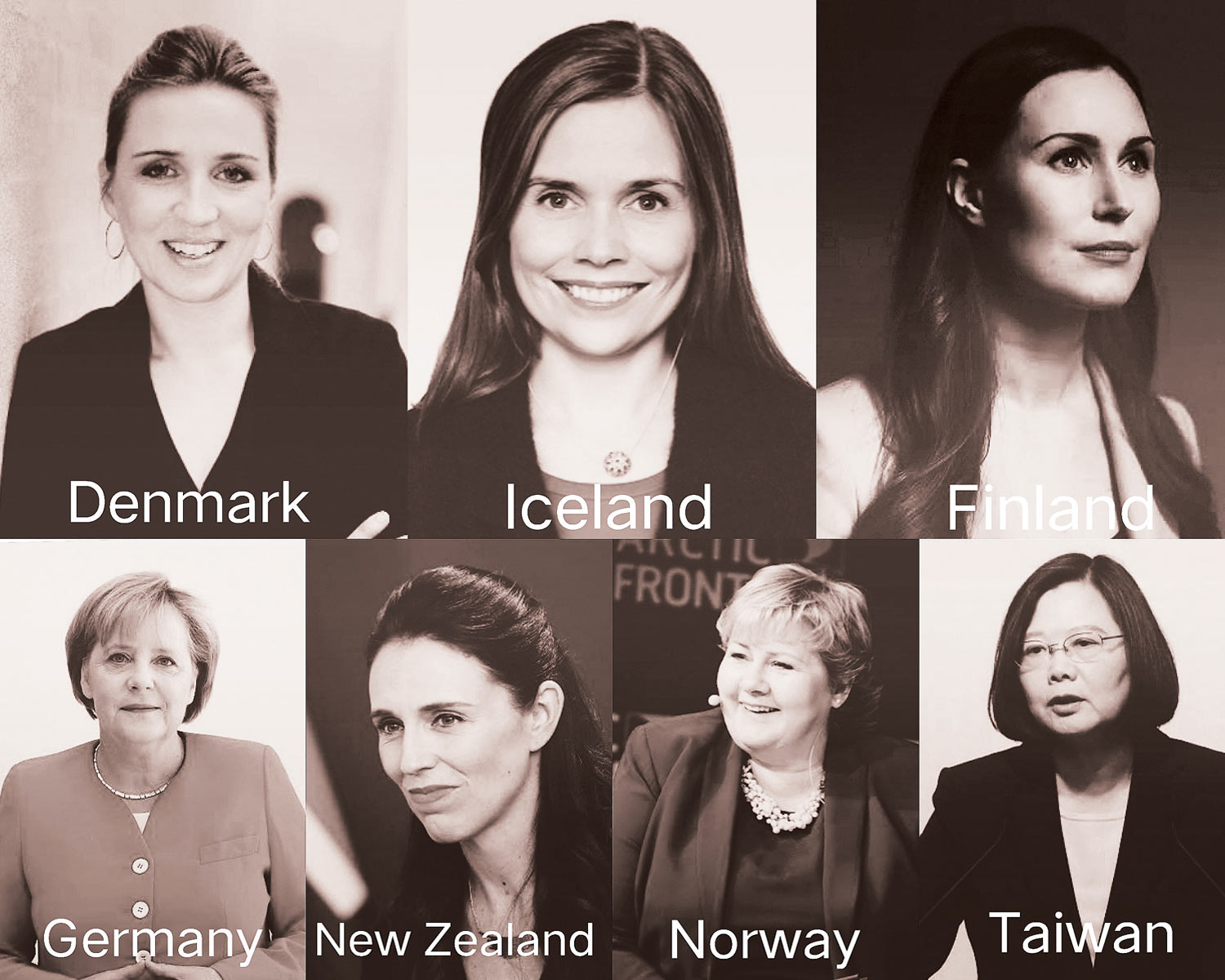 women leaders from Denmark, Iceland, Finland, Germany, New Zealand, Norway and Taiwan