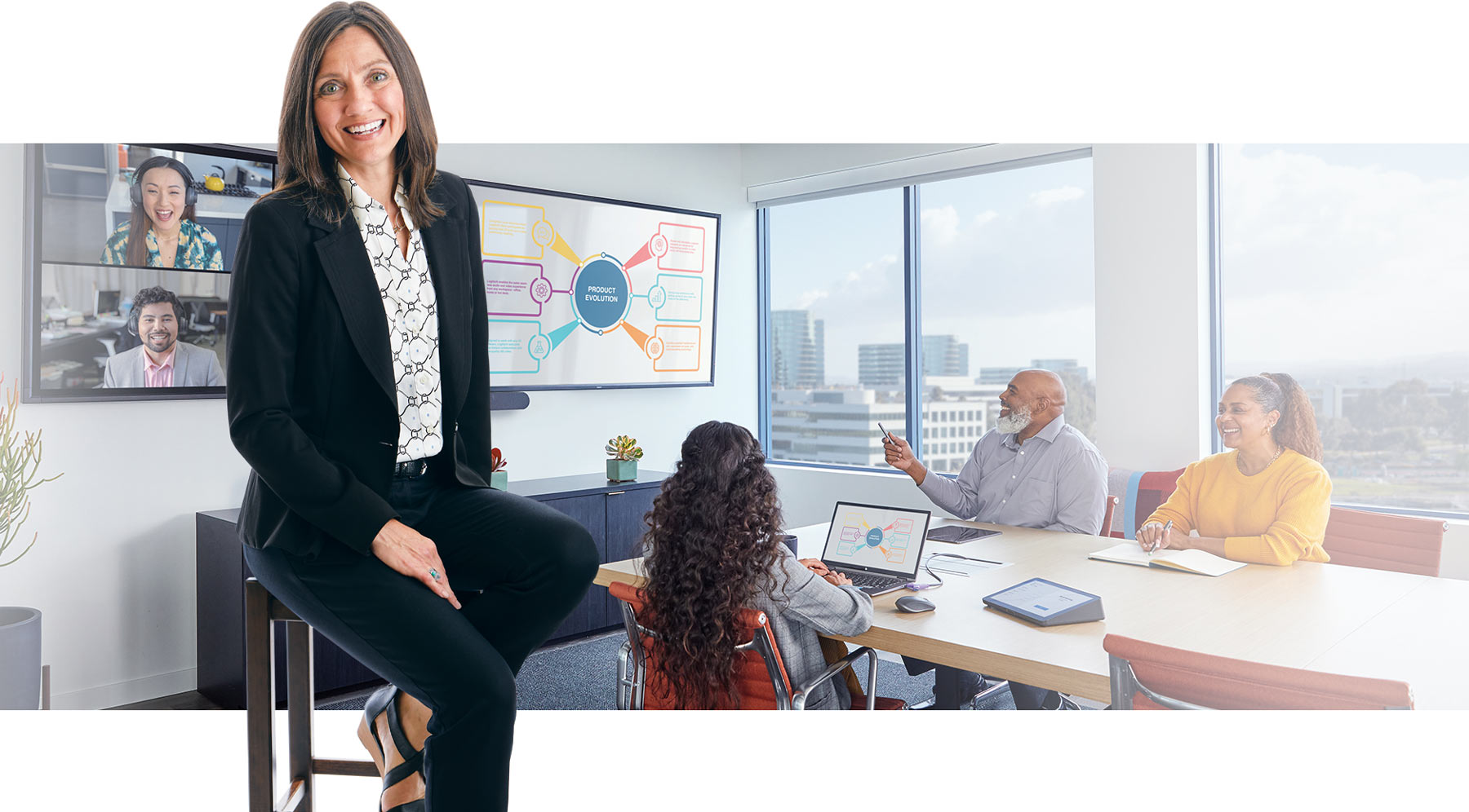 woman sitting on chair with background image of office meeting