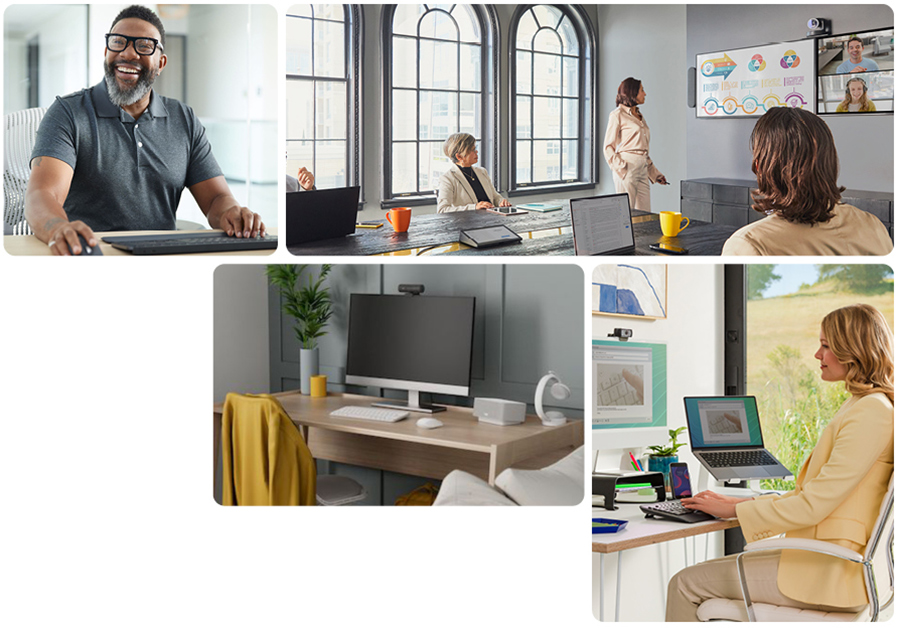 snapshots of people in office settings and at desk