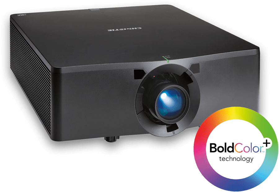a projector model from the Christie HS Series imposed with a "Bold Color+ Technology" badge
