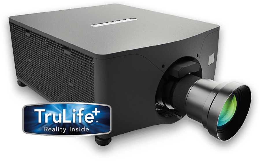 the Christie M 4K25 RGB projector in black imposed with a "TruLife+™" badge
