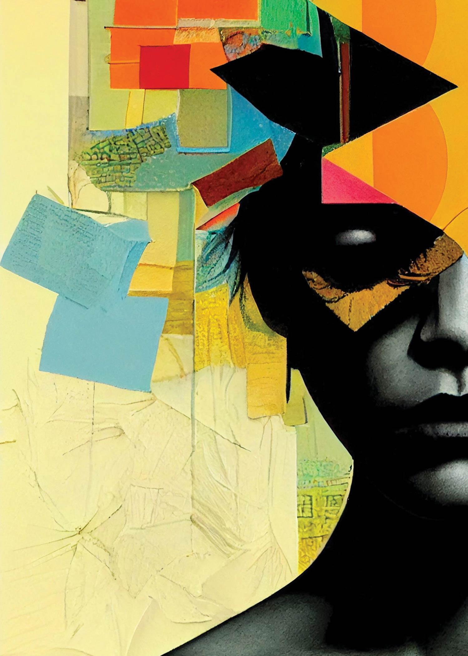 Painting of woman with abstract colorful shapes covering the top of her head