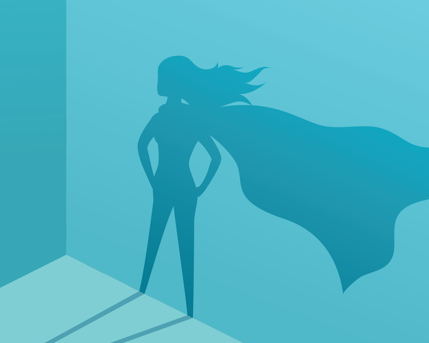 a digital illustration of a woman's caped silhouette against a blue wall 